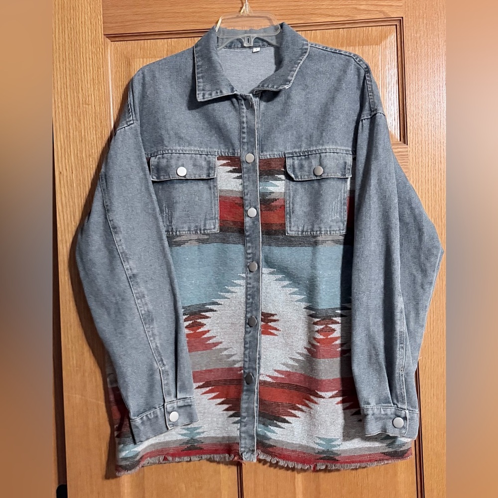 Denim Aztec Pattern Jacket - image 1